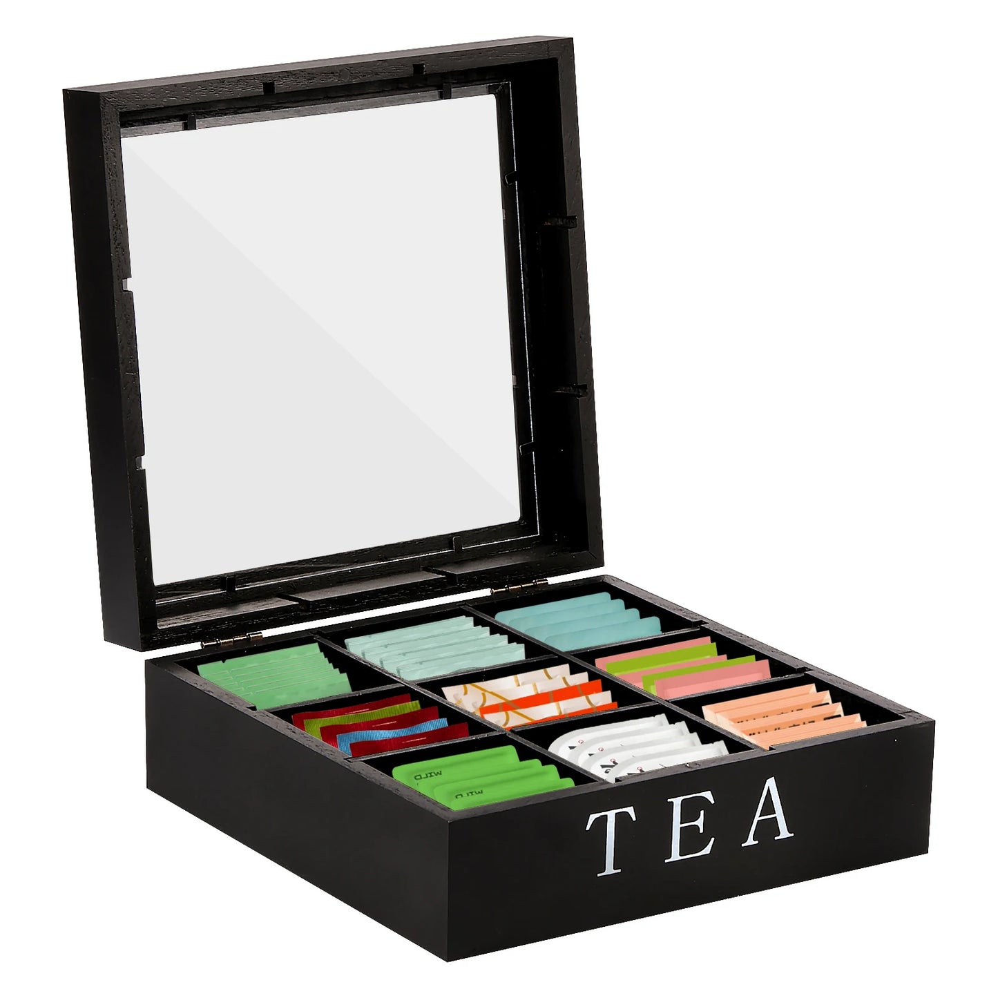 Grids Wooden Tea Bag Holder Sugar Packets Spice Pouches Storage Case Instant Coffee Bag Boxes With Clear Lid Tea Bag Organizer