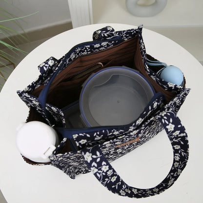 New floral print thickened fabric handbag, lunch bag, portable lunch box storage bag, zipper design, multifunctional tote