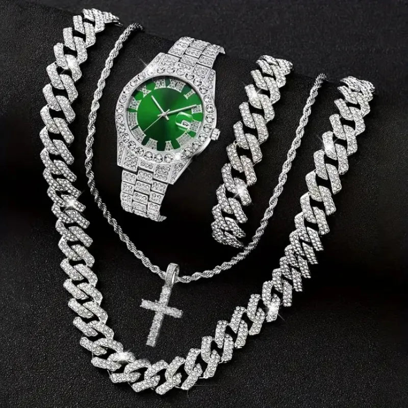 4PCS Luxury Rhinestone Men Quartz Watch Hip-pop Jewelry Set Fashion Roma Dial Calendar Quartz Wristwatch（Without Box）