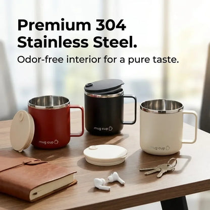 Double Wall Insulated Coffee Cup Outdoor 304 Stainless Steel Coffee Mug With Handle&Sliding Lid 400ML Sealed Thermal Water Cup