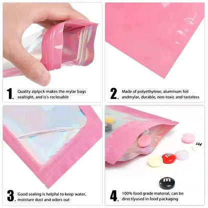 Ziplock Bags 100PCS Holographic Bag Zip Lock Gift Bags Plastic Iridescent Storage Zip Packaging Bags for Earrings Jewelry