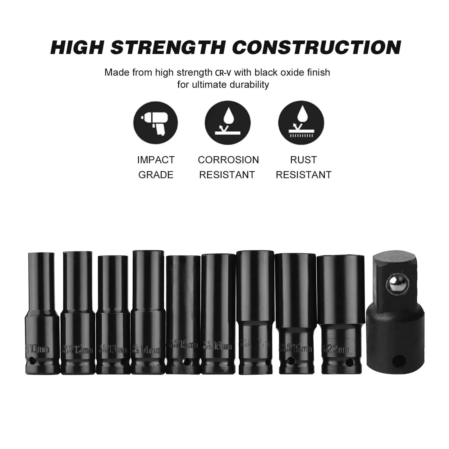 10pcs 1/2 Drive Metric Impact Socket Set Universal Deep Socket Wrench for Air Pneumatic Repair Tools