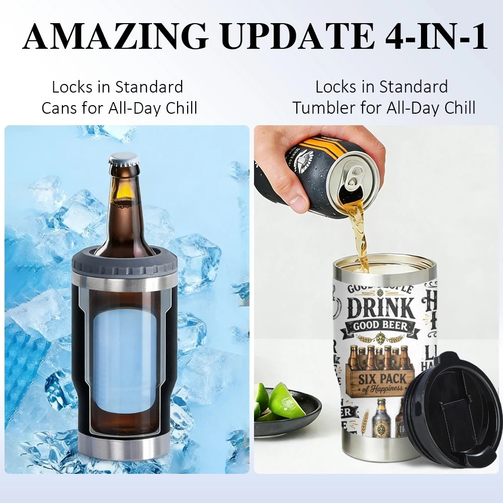 Funny Beer Quotes Vacuum Flasks 4-in-1 Stainless Steel Can Cooler Insulated Beer Soda Coffee Holder Dual Lids Fits 12oz