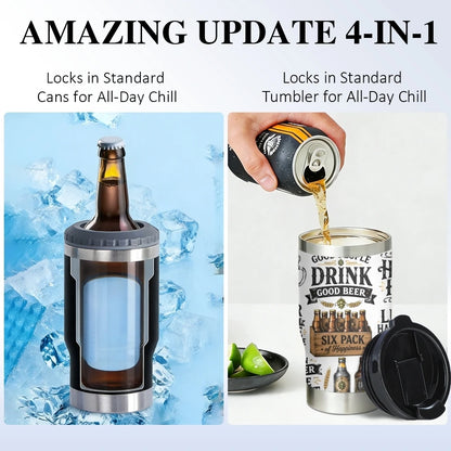 Funny Beer Quotes Vacuum Flasks 4-in-1 Stainless Steel Can Cooler Insulated Beer Soda Coffee Holder Dual Lids Fits 12oz