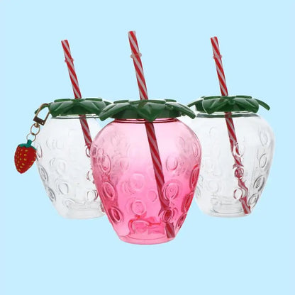 ✔Strawberry Shaped Plastic Cup With Straw Cute Water Bottle Portable Drinking Cup Beverage Cups For Summer Party Home Use