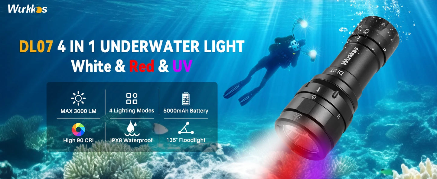 Wurkkos DL07 Scuba Diving Flashlight 26650 Multi Color LED Lamp White Red Light 3000LM EDC Underwater Lantern IPX8 Rotary Switch
