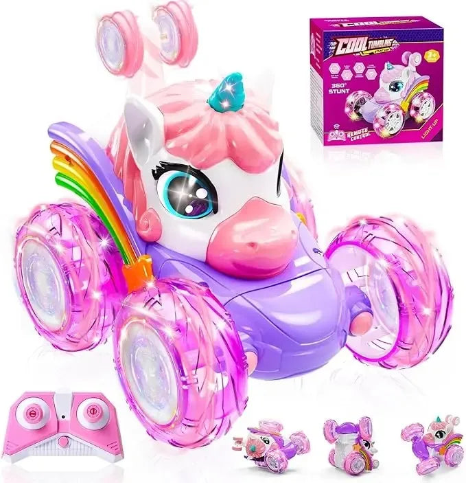 Unicorn Remote Control Car for Girls, 360° Rotating 4WD Stunt RC Cars with Cute Lights, Rechargeable Toys-Kid for Birthday Gifts