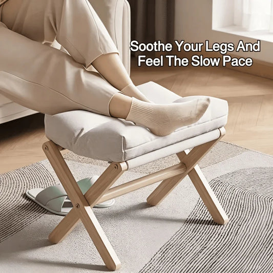 Solid Wood Folding Entryway Stool - Shoe Changing Footstool with Cotton-filled Cushion for Sofa Rest