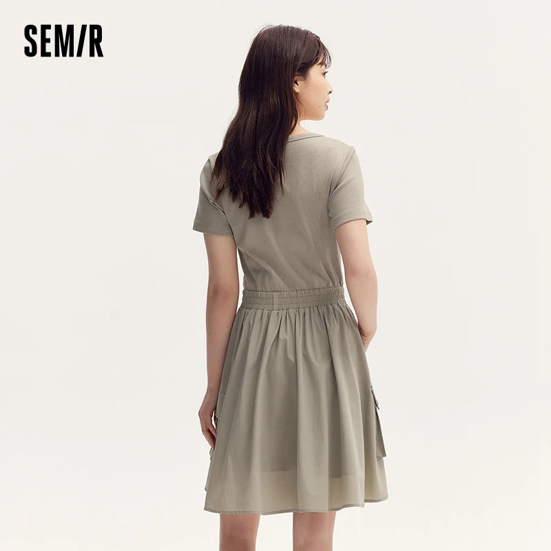 Semir Dress Women Faux Two-Piece Design Versatile 2024 Summer New Square Collar Slim Fit Short Skirt Suitable For Petite