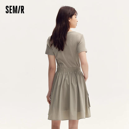 Semir Dress Women Faux Two-Piece Design Versatile 2024 Summer New Square Collar Slim Fit Short Skirt Suitable For Petite