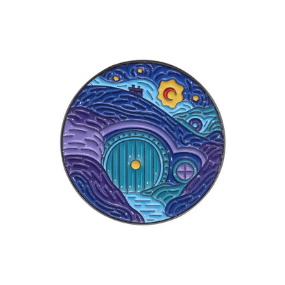 Blue Night Sky Oil Painting Enamel Pins Creative Cartoon Landscape Brooch Lapel Badges Animal Jewelry Gift for Friends