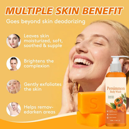 Persimmon Soap Bar and Persimmon Body Wash for Body Odor Control Natural Fruity Aroma Shower Cleanse Gel Bath Soap for Women&Men