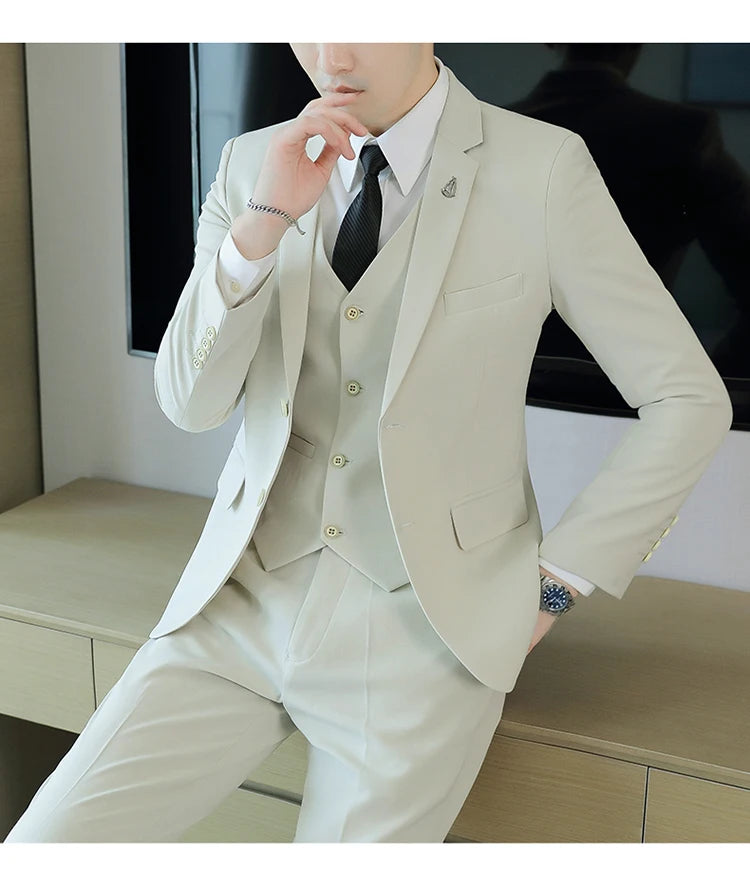 High-End Men's Wedding Suit 3-Piece Set Handsome Banquet Smart Casual Fashionable Three-Quarter Length Vest Trousers Four Season