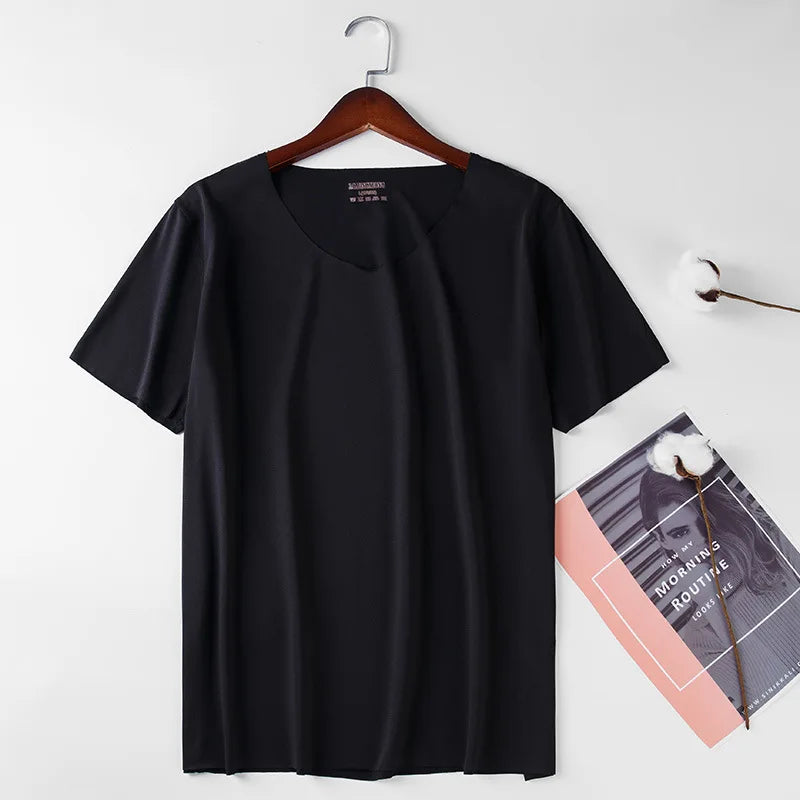 1pcs Men T-shirts Ice Silk Traceless Slim T Shirt For Man Seamless Casual V-neck Short Sleeve Tee Male Summer Thin Clothing Tops