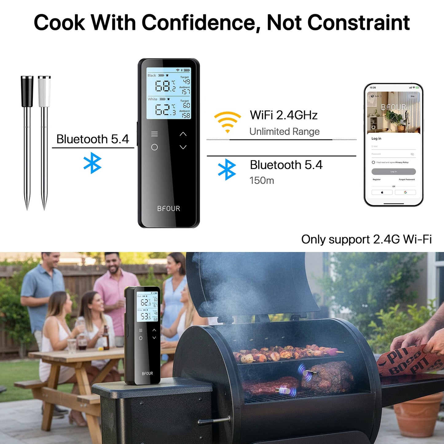 Wireless Meat Thermometer Digital with WiFi Unlimited Range & Bluetooth Support APP Alarm Reminder for BBQ, Oven, Air Fryer