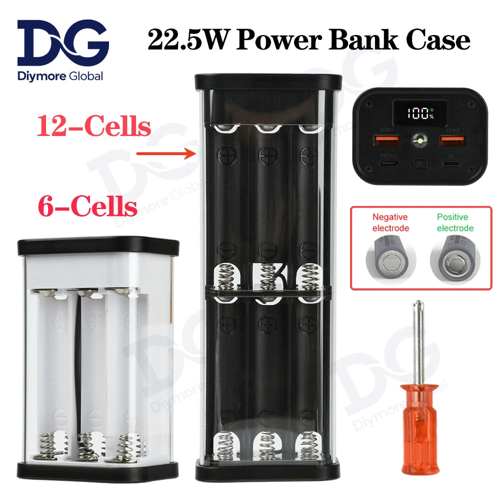 6/12 Slots 22.5W Power Bank Case Fast Charging LED Screen Battery Storage Box Transparent Mobile Power Bank Kit Type-C+USB Port