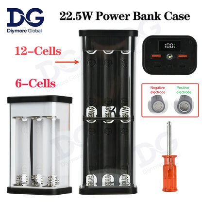 6/12 Slots 22.5W Power Bank Case Fast Charging LED Screen Battery Storage Box Transparent Mobile Power Bank Kit Type-C+USB Port