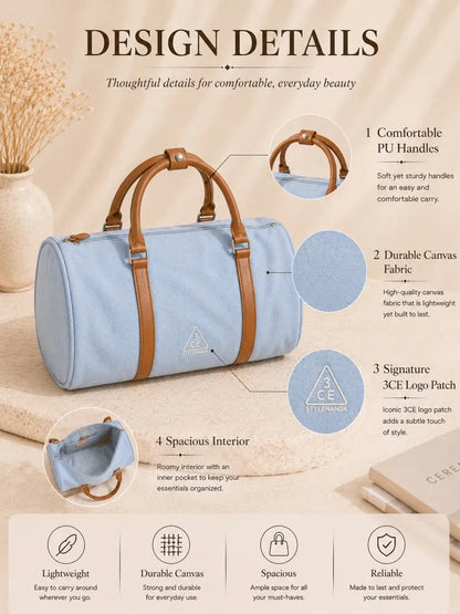 3CE Blue & Brown Color-Block Canvas Travel/Makeup Bag – Suitable for outdoor trips; spacious enough to store various cosmetics