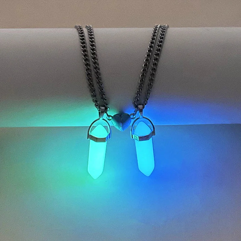 2Pcs/Set Luminous Hexagonal Column Heart Pendant Couple Magnetic Necklace Natural Stone Geometric Pendant Necklace Jewelry Gifts