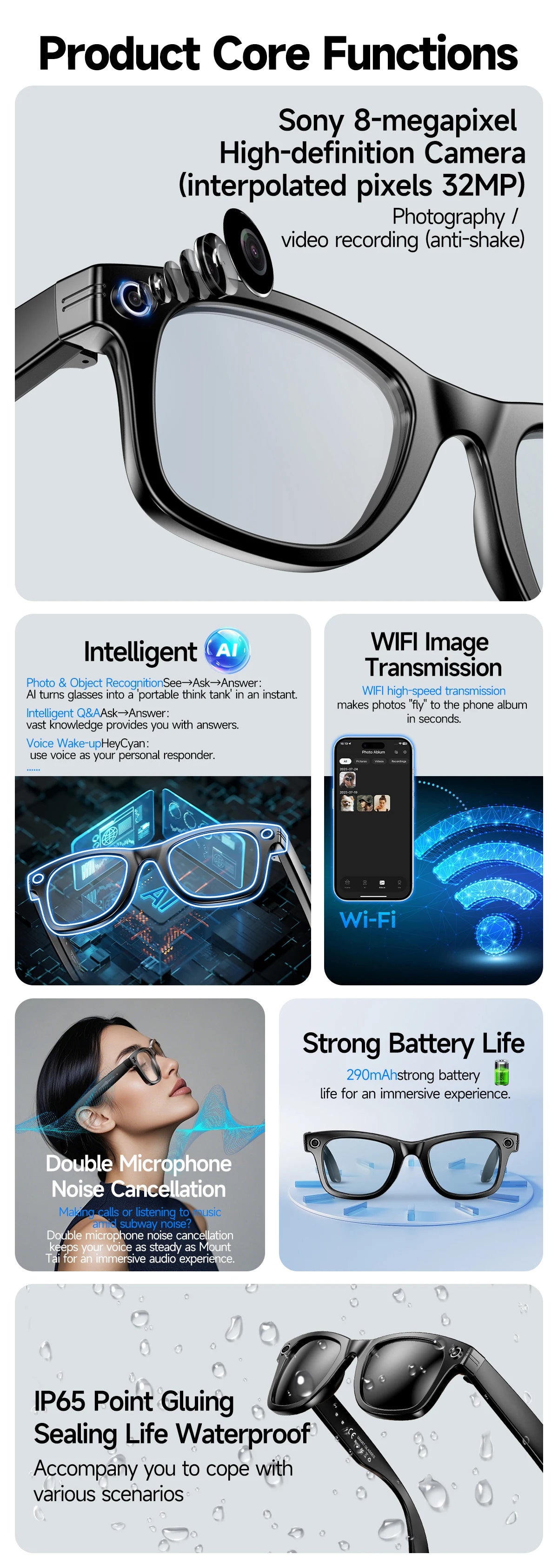 New Leisure Camera Smart Glasses 800W 32GB Memory AI Translation Voice Assistant Video Recording Men Anti Blue Light Sunglasses