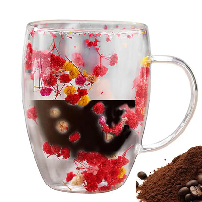 Insulated Layer Flowers Coffee Cup Double Walled Glass Coffee Mug Handle Anti-Scald Glass Mugs Dried Flowers Heat Insulation cup