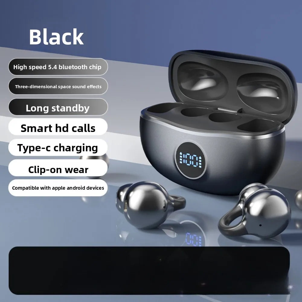 Clip on Earbuds Open Ear Wireless Bluetooth 5.4 LED Display Headphones with Mic,Noise Cancelling,Comfortable Sports Ear Buds
