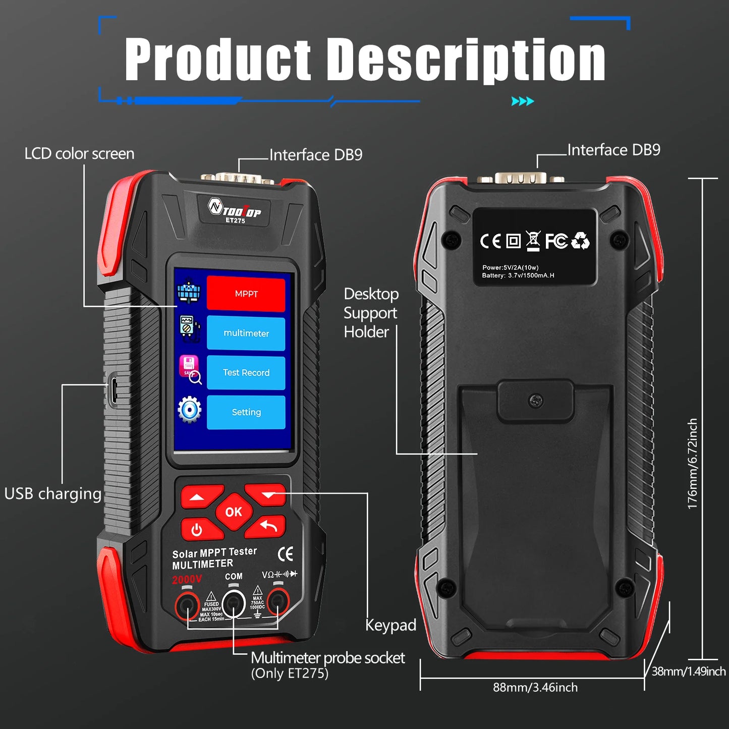 TOOLTOP 2000W Solar MPPT Power Tester 3.2 Inches 2KV 60000 Counts Multimeter Photovoltaic Solar Power Meter Pmax Voc Isc Test