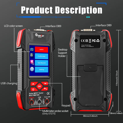 TOOLTOP 2000W Solar MPPT Power Tester 3.2 Inches 2KV 60000 Counts Multimeter Photovoltaic Solar Power Meter Pmax Voc Isc Test