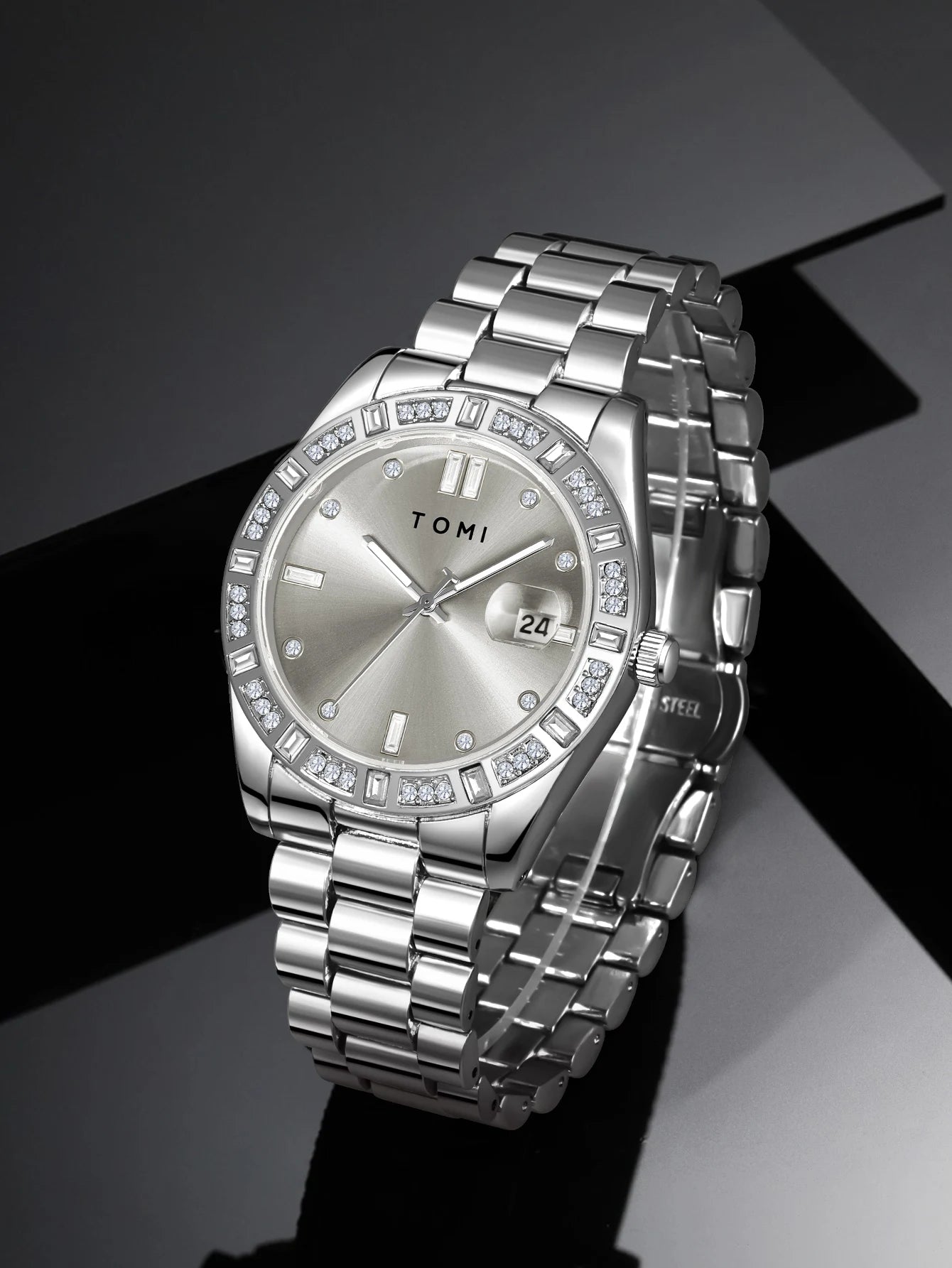 TOMI 4PCS Luxury Business Men's Watch Gift Box Set Luxury Diamond Case Calendar Stainless Steel Strap Quartz Watch Men's Clock
