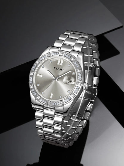 TOMI 4PCS Luxury Business Men's Watch Gift Box Set Luxury Diamond Case Calendar Stainless Steel Strap Quartz Watch Men's Clock