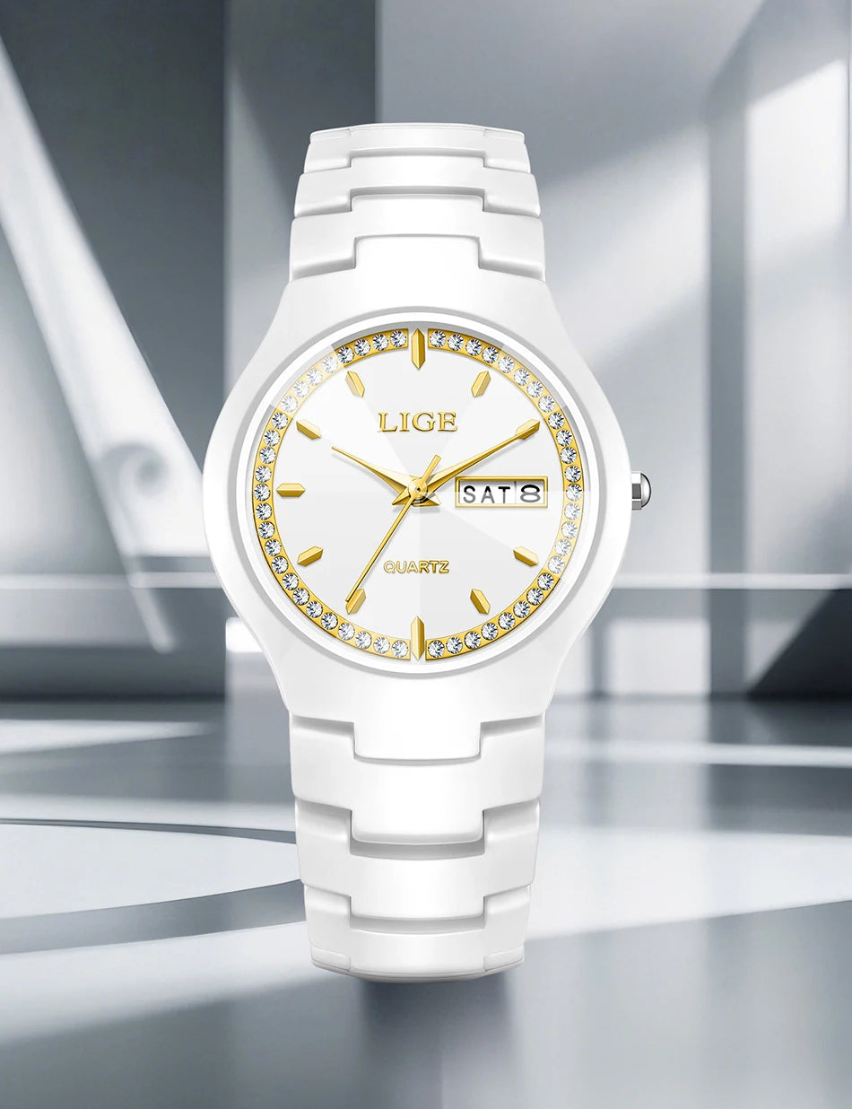 LIGE Women's wristwatch elegant women's watch ceramic quartz waterproof clock week calendar fashion Watch for Women reloj mujer