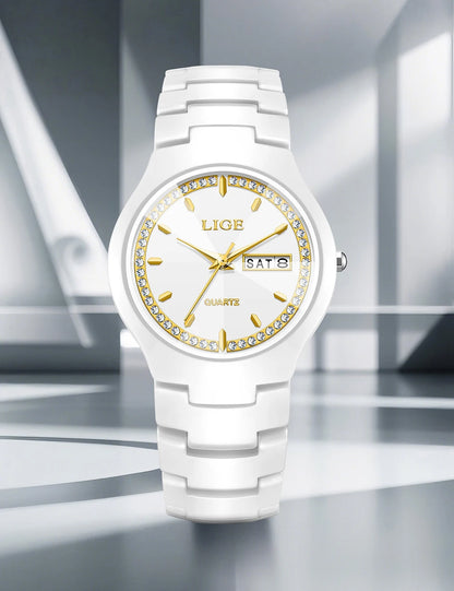 LIGE Women's wristwatch elegant women's watch ceramic quartz waterproof clock week calendar fashion Watch for Women reloj mujer