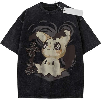 Oversize Vintage Washed Pokemon T Shirt Cute Mimikyu Cartoon with Small Ghost Companion Graffiti Print Streetwear Casual Wear
