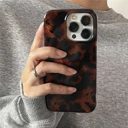 Retro Amber Texture Laser Phone Case For iPhone 17 16 Pro Max 15 14 13 12 11 XS XR 7 8 Plus 16E Stylish Leopard Print Soft 2030