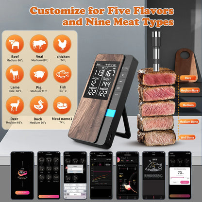 Wireless Meat Thermometer Digital Bluetooth Probe Thermometer Rechargeable with LCD Screen & Mobile APP for BBQ Oven Rotisserie