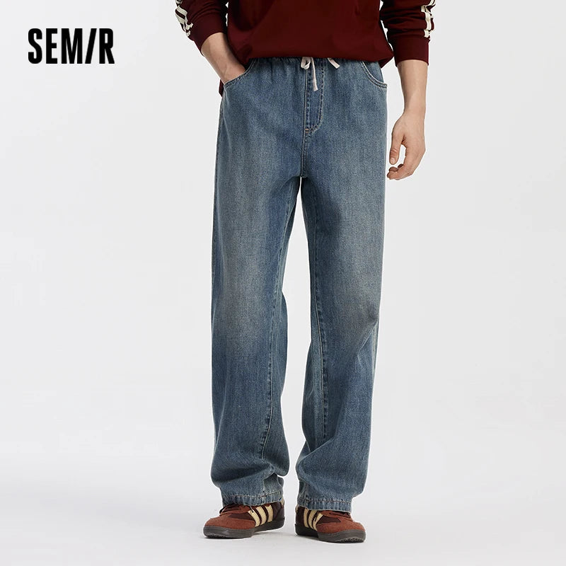 Semir Men Jeans Retro Wide Straight Side Stripe Elastic Waist 2026 Autumn Soft Denim Pants Casual Street Style Daily Wear