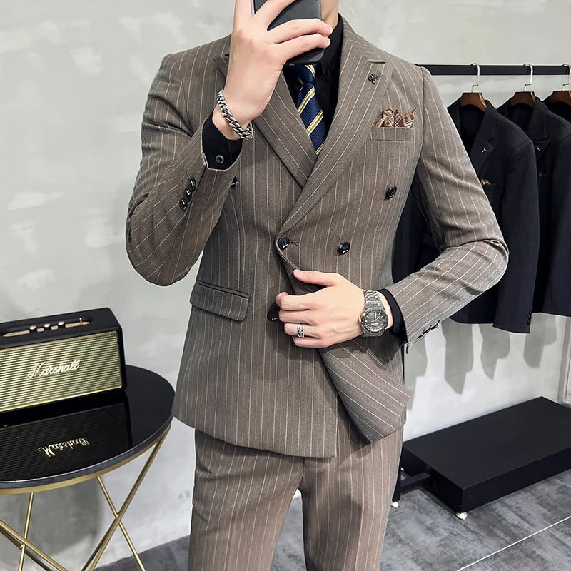 Slim Fit Double-breasted Striped Suit Vest Trousers 3-Piece Set Korean Fashion M-7XL Men's Fashionable Striped Three-piece Suit