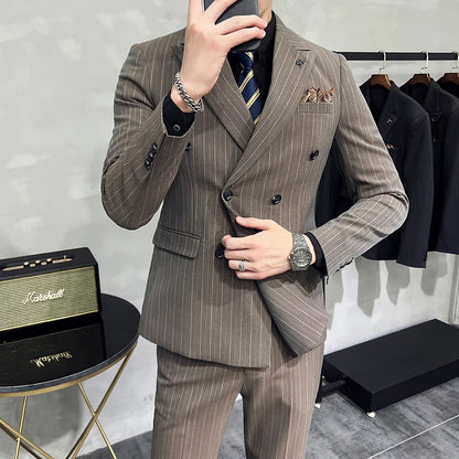 Slim Fit Double-breasted Striped Suit Vest Trousers 3-Piece Set Korean Fashion M-7XL Men's Fashionable Striped Three-piece Suit