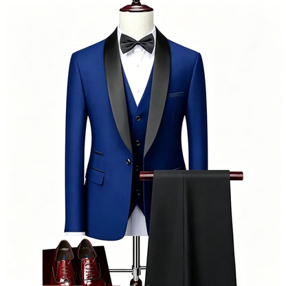 ( Jacket + Vest + Pants ) Men's 3 Piece Tuxedo Suit Set, Beige Blazer with Black Shawl Lapel for Wedding, Groom, Formal Party