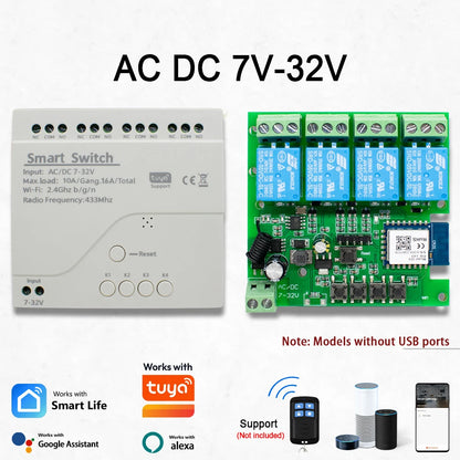4CH Wifi Relay Smart Wireless Switch Module 4 Channel 7-32V 85-250V 220V 110V 2200W RF433 4 Way Receiver Works with Tuya Alexa