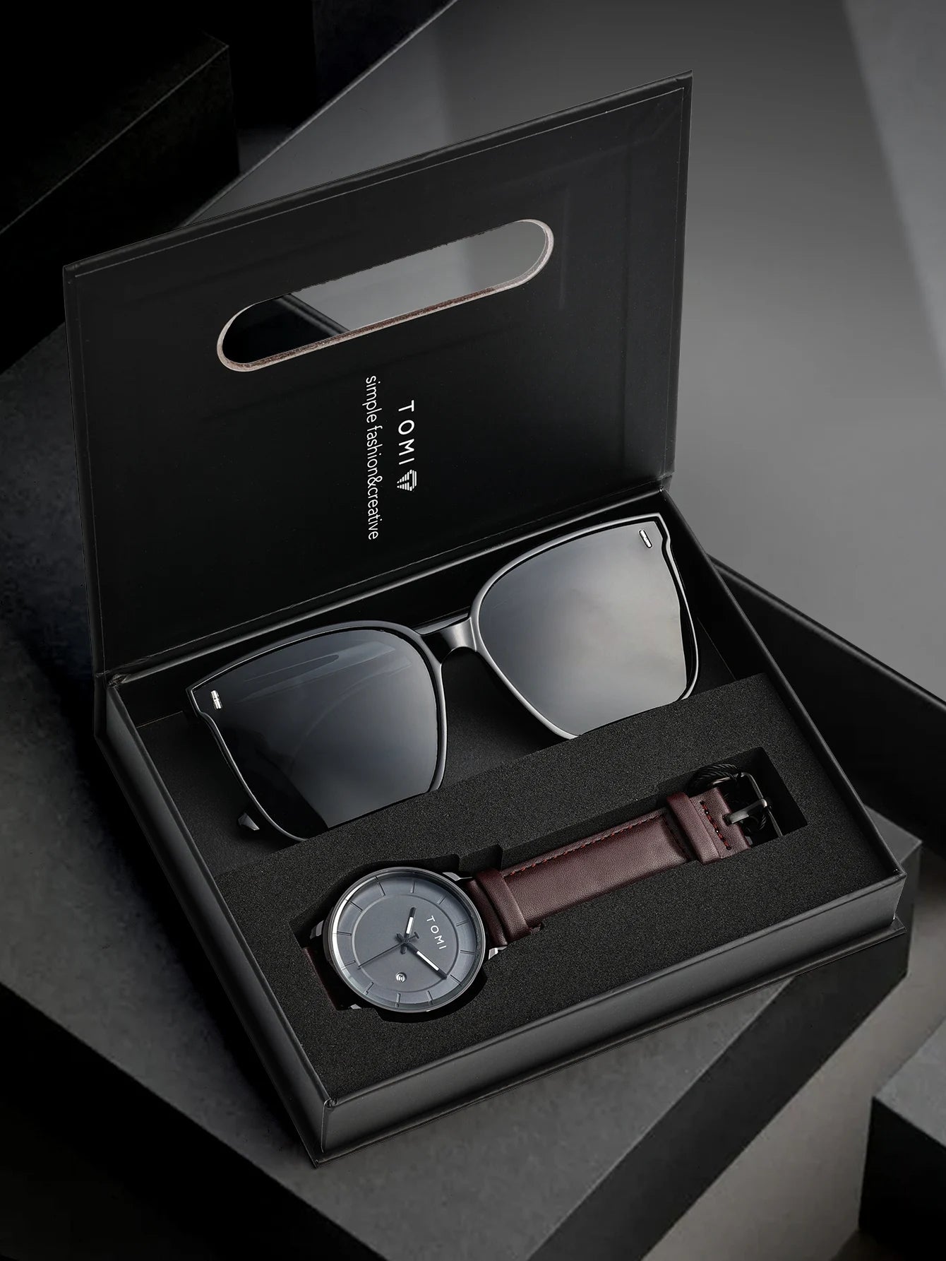 TOMI New 2PCS Casual Fashion Men Watch Gift Box Set Luxury Round Large Dial Calendar Men Quartz Watch Glasses Gift Box