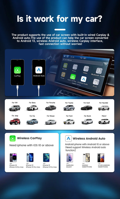 CarlinKit Wireless Carplay TV Box Smart 8+128G Android Auto AI Box  HDMI Output Android 13 Video Adapter For Youtube Kia IPTV