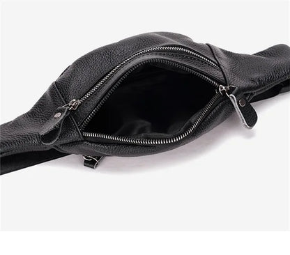 Men's Genuine Leather Chest Bag Double Zipper Cowhide Fanny Pack Casual Crossbody Sling Bag for Daily Commute & Travel