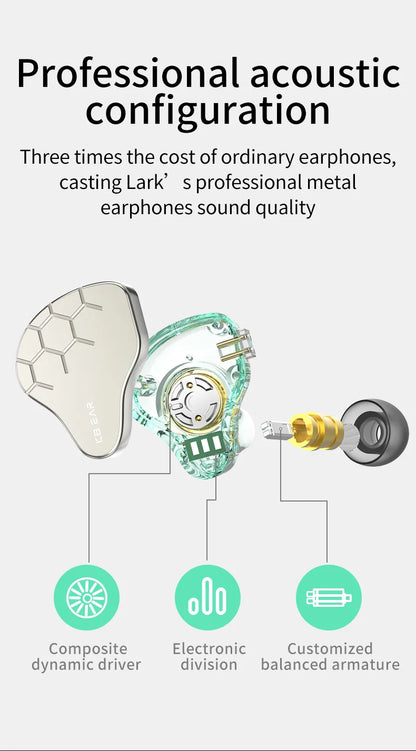 KBEAR Lark 1DD+1BA Hybrid IEM HiFi Earphones Zinc Alloy Shell 10mm Dynamic Driver Wired Headphones with Detachable 2Pin for Audiophile & Studio