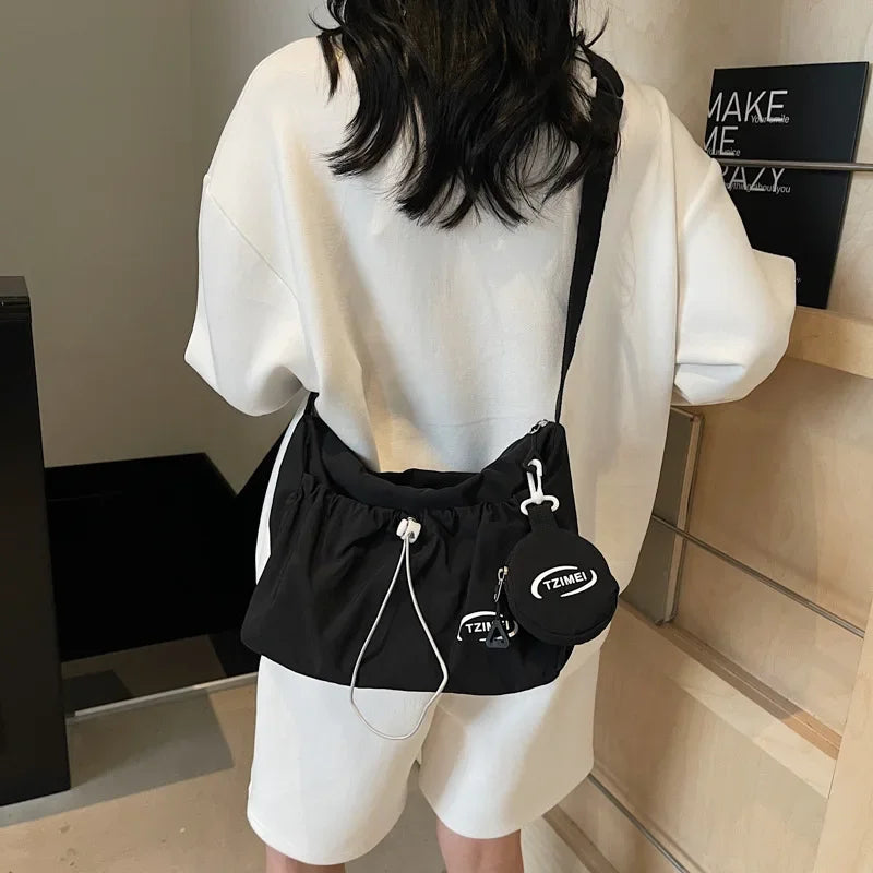 Chic Nylon Crossbody Bag Casual Drawstring Messenger Bag with Detachable Pouch, Adjustable Strap Shoulder Purse for Daily Travel