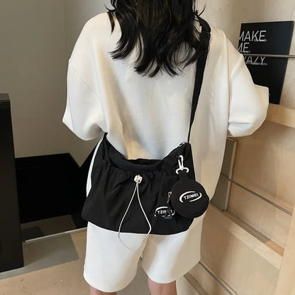 Chic Nylon Crossbody Bag Casual Drawstring Messenger Bag with Detachable Pouch, Adjustable Strap Shoulder Purse for Daily Travel