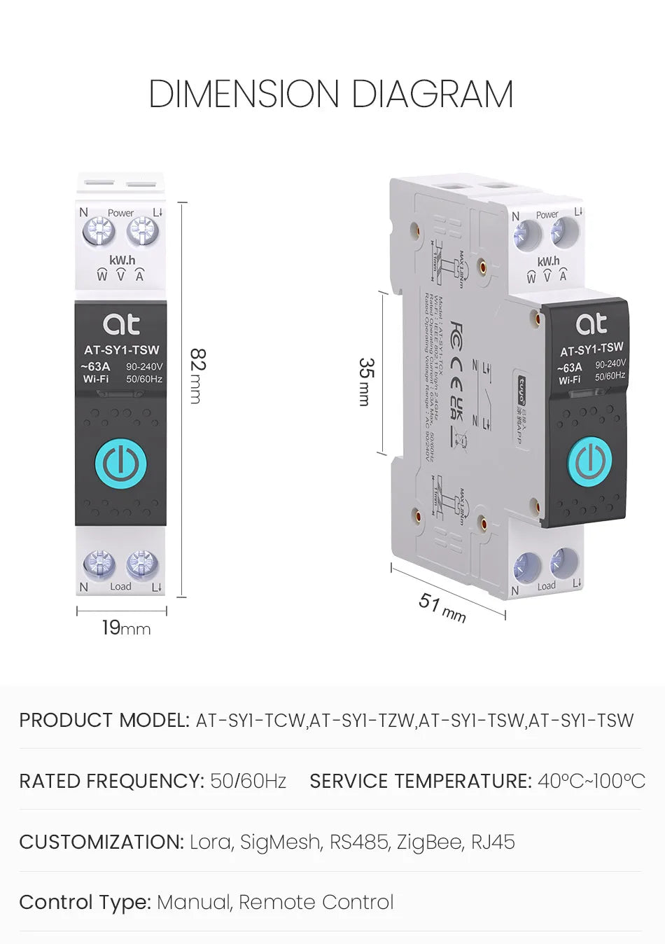 TUYA WIFI Smart Circuit Breaker With Metering 1P 50A 63A DIN Rail for Smart Home wireless Remote Control Switch by APP