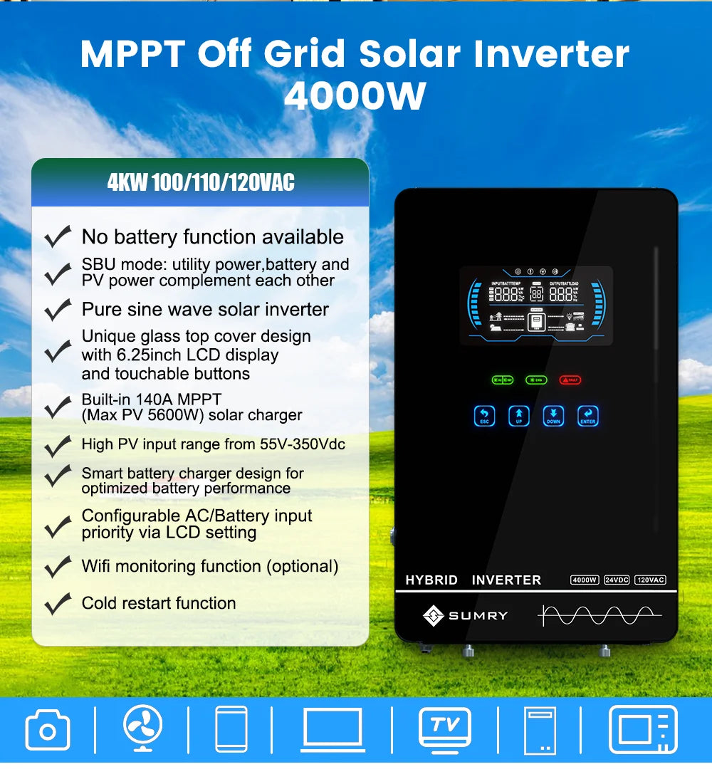 Sumry 4KW 120V Off Grid Solar Inverter 24V 140A 5600W MPPT Charger Pure Sine Wave Home Inverter 6.25 Inch LCD Display