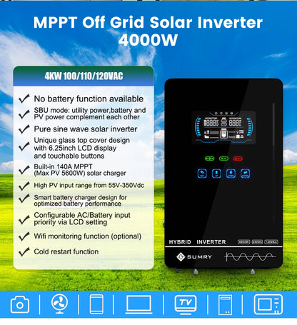 Sumry 4KW 120V Off Grid Solar Inverter 24V 140A 5600W MPPT Charger Pure Sine Wave Home Inverter 6.25 Inch LCD Display