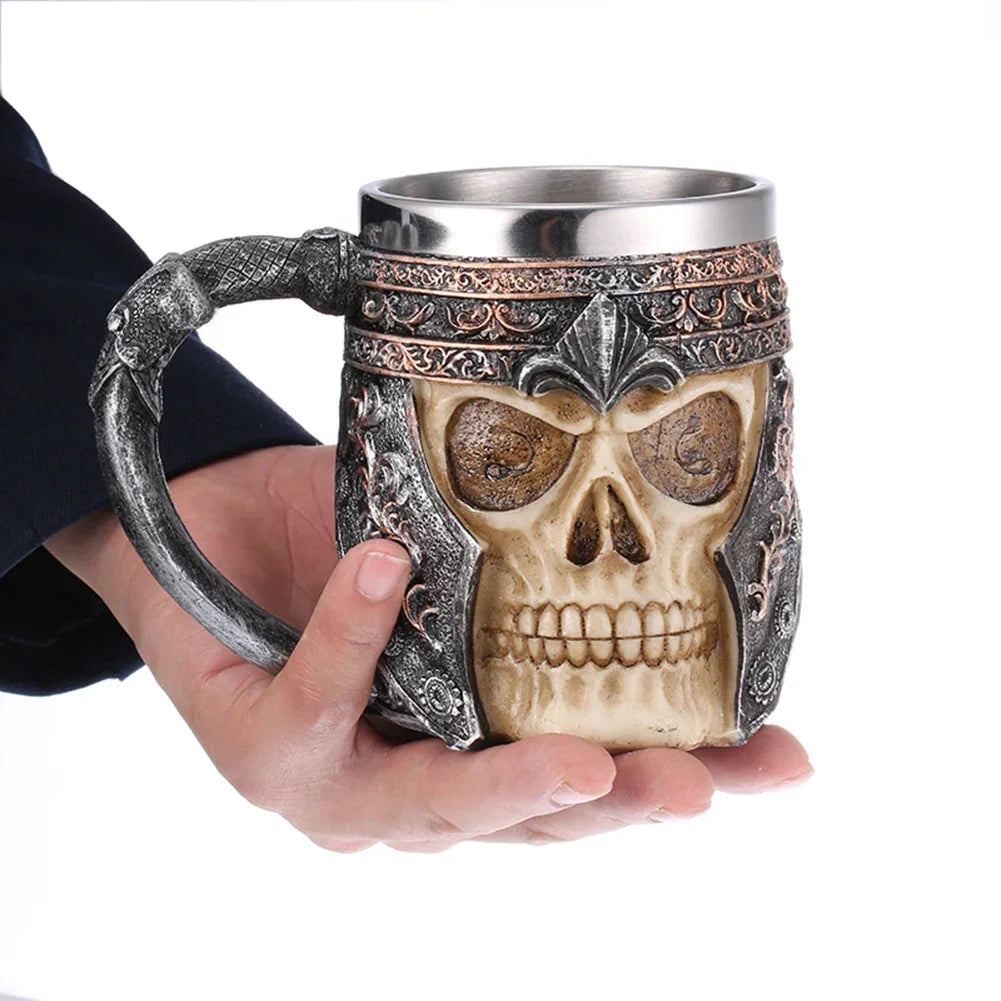Viking Wood Style Beer Mug, Simulated Wooden Barrel Double Wall Metal Insulated Cup, 1Pc Bar Drinking Mug
